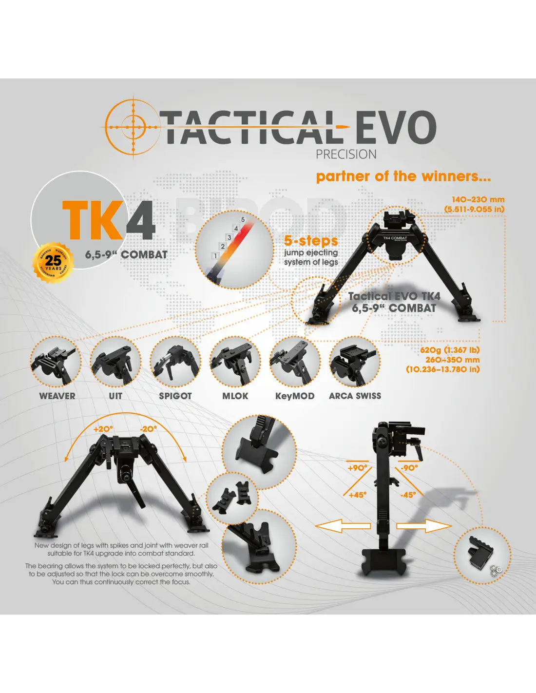 Тактически двуног Combat TK4 6,5-9"